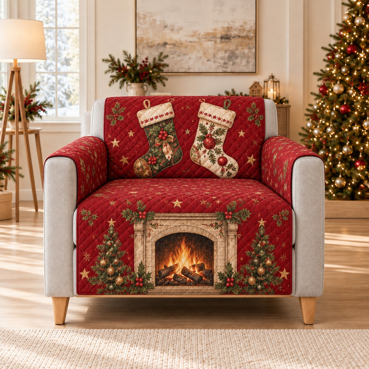 Red Christmas Stockings Fireplace Sofa Cover, AI-generated armchair mockup
