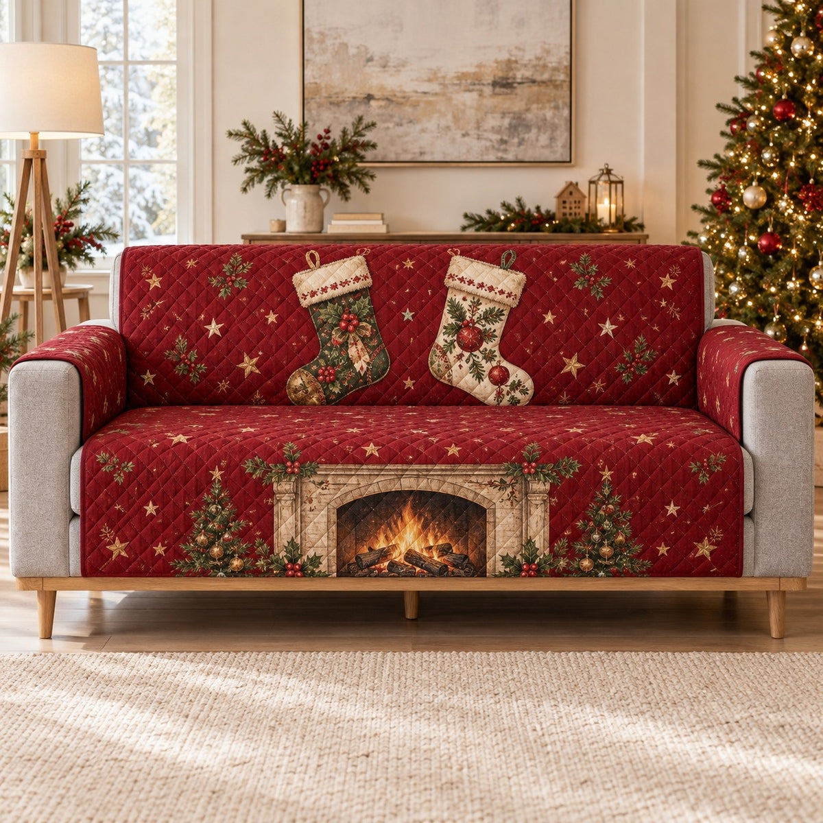 Red Christmas Stockings Fireplace Sofa Cover, sofa mockup