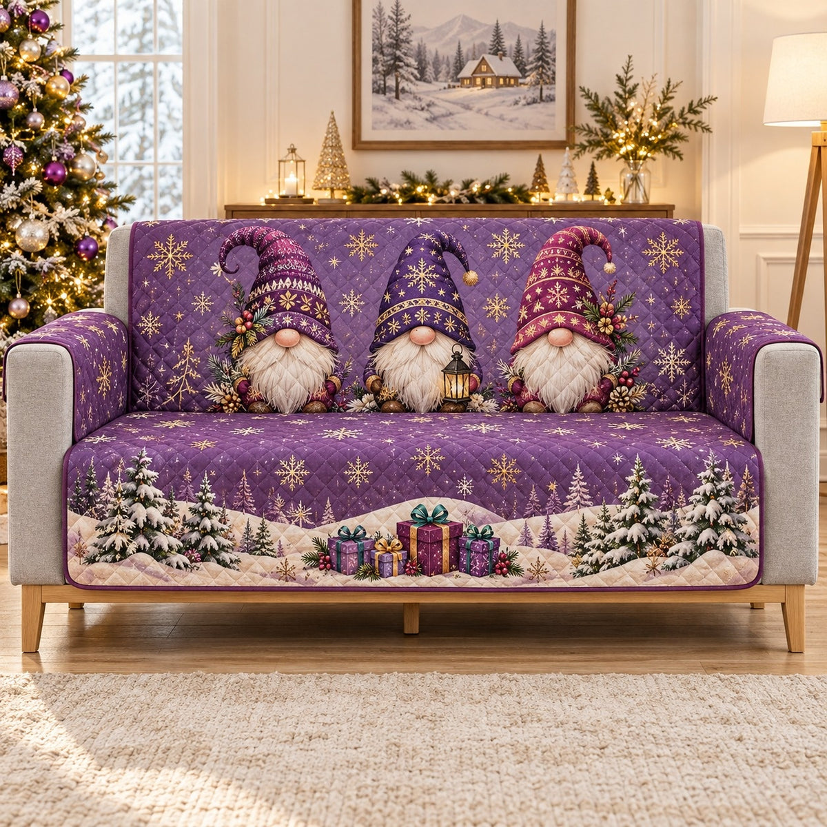 Purple Christmas Gnomes Sofa Cover, sofa mockup