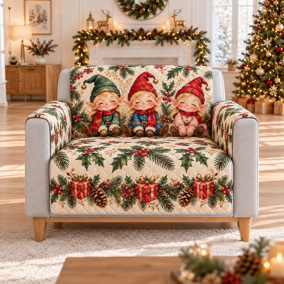 Christmas Gnome Trio Pinecones Sofa Cover, AI-generated armchair mockup