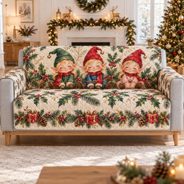 Christmas Gnome Trio Pinecones Sofa Cover, Decorative Couch Protector, Gift for Gnome Lovers