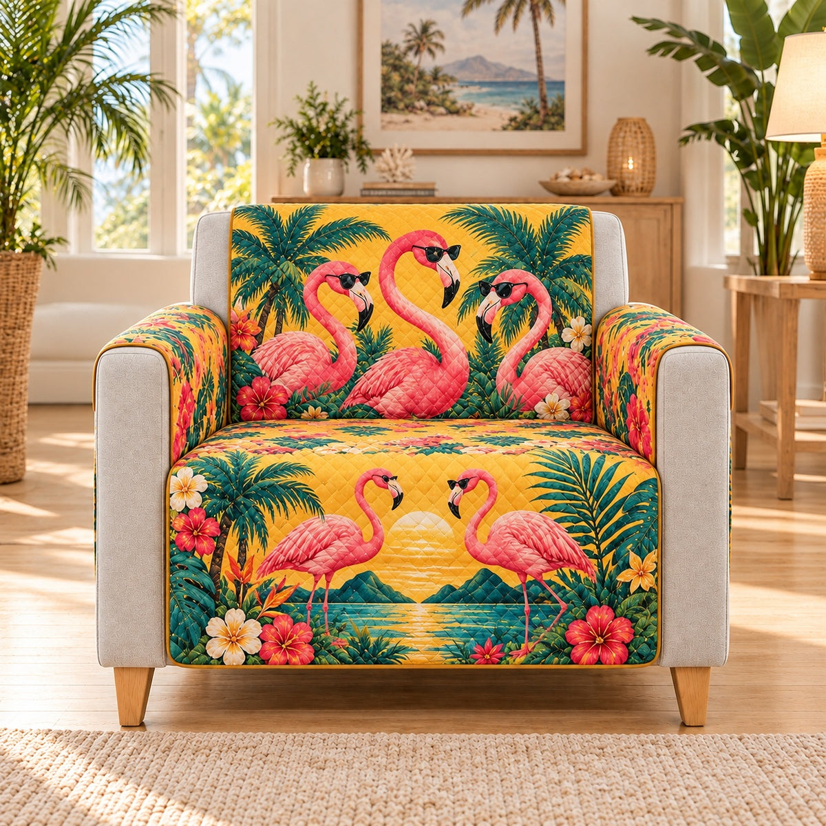 Pink Flamingo Tropical Sunset Sofa Cover, AI-generated armchair mockup
