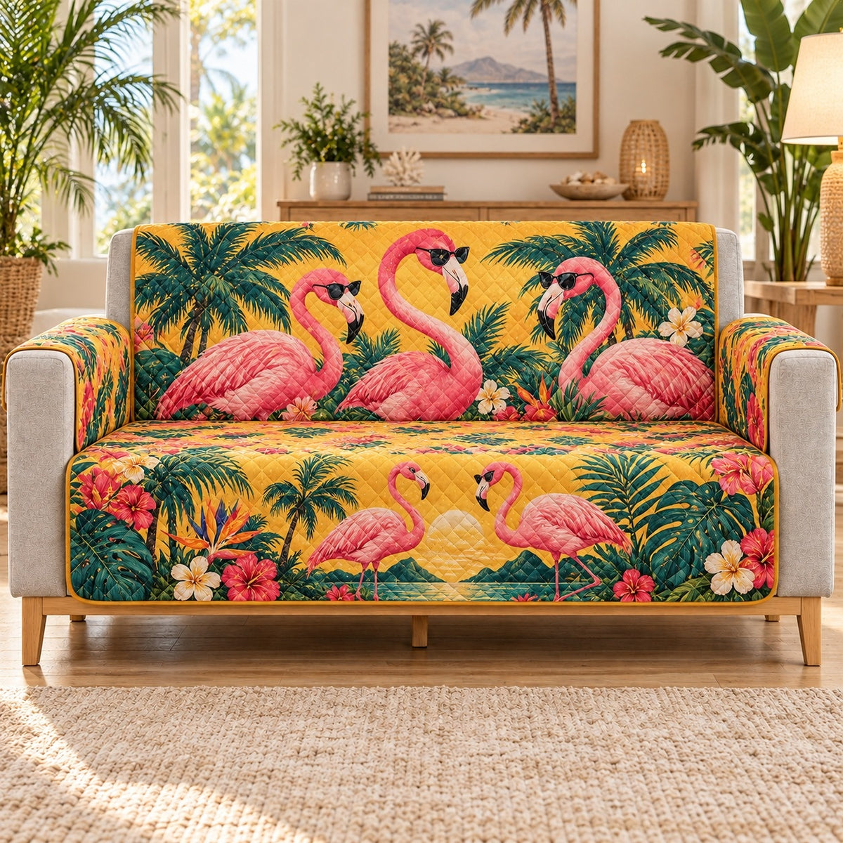 Pink Flamingo Tropical Sunset Sofa Cover, sofa mockup