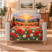 Poppy Meadow Sunset Sofa Cover, AI-generated frontal armchair mockup