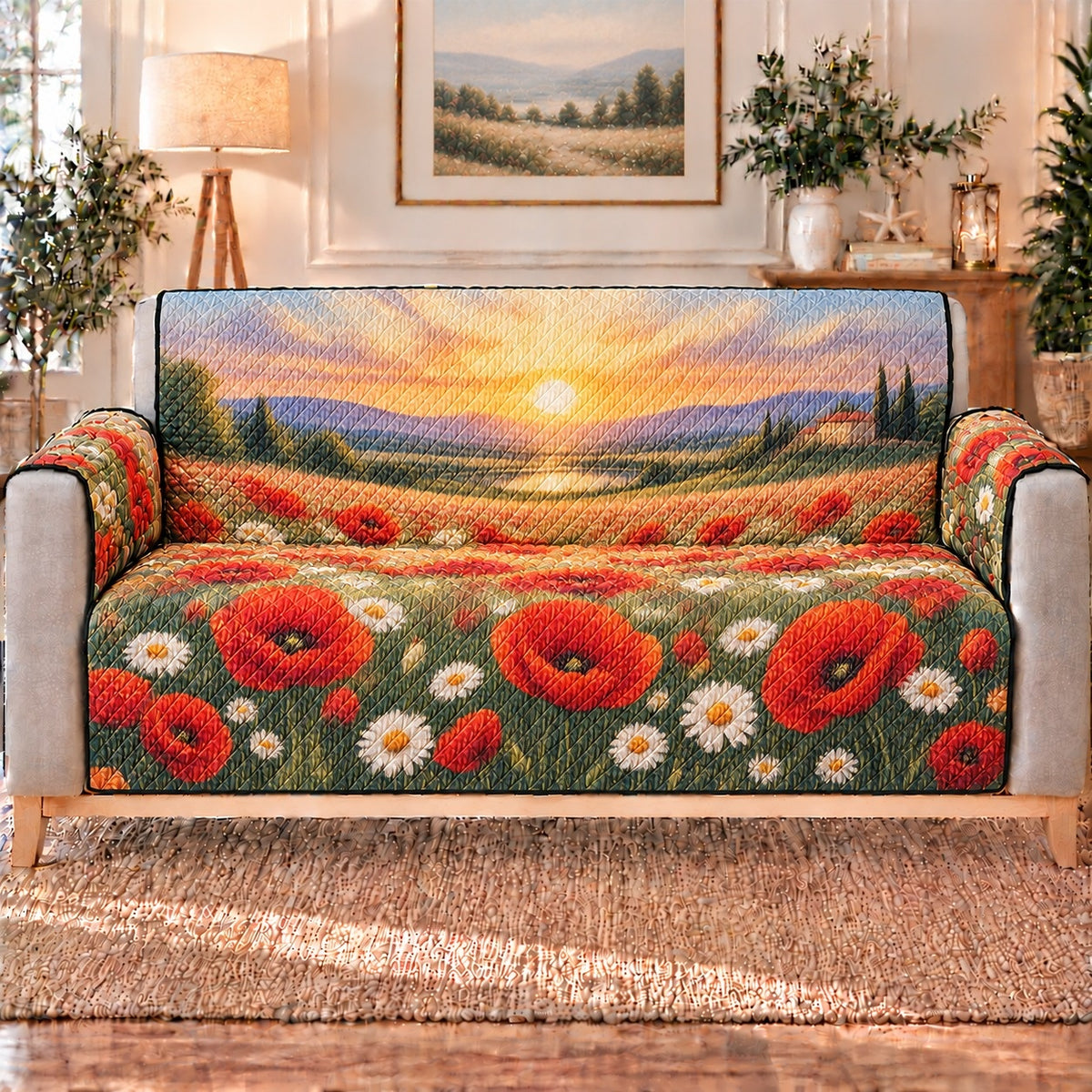 Poppy Meadow Sunset Sofa Cover, sofa mockup