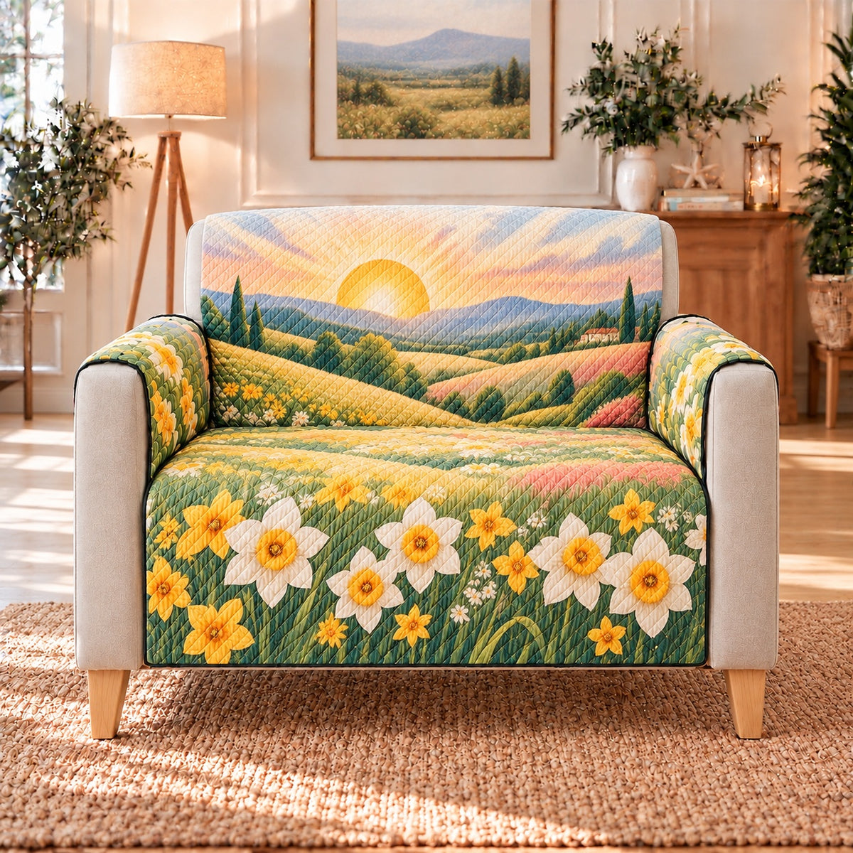 Daffodil Meadow Sunrise Sofa Cover, AI-generated frontal armchair mockup