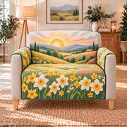 Daffodil Meadow Sunrise Sofa Cover, AI-generated frontal armchair mockup