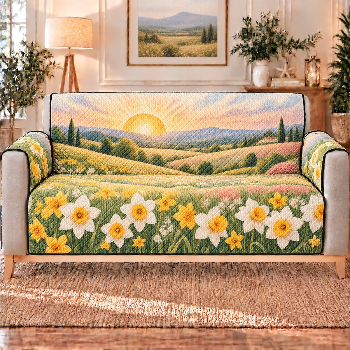 Daffodil Meadow Sunrise Sofa Cover, sofa mockup