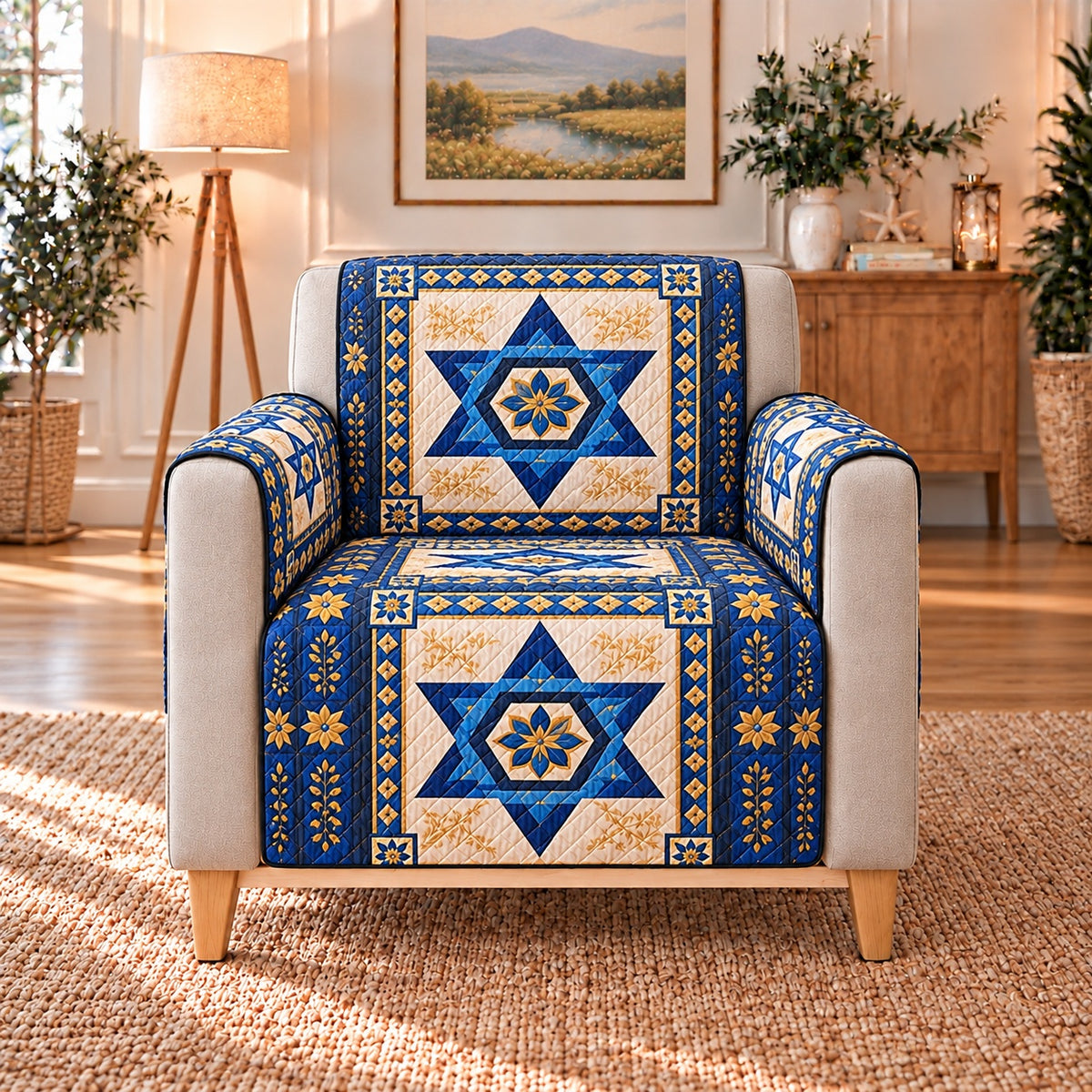 Navy Gold Star of David Patchwork Sofa Cover, AI-generated frontal armchair mockup