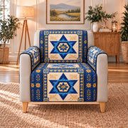Navy Gold Star of David Patchwork Sofa Cover, AI-generated frontal armchair mockup