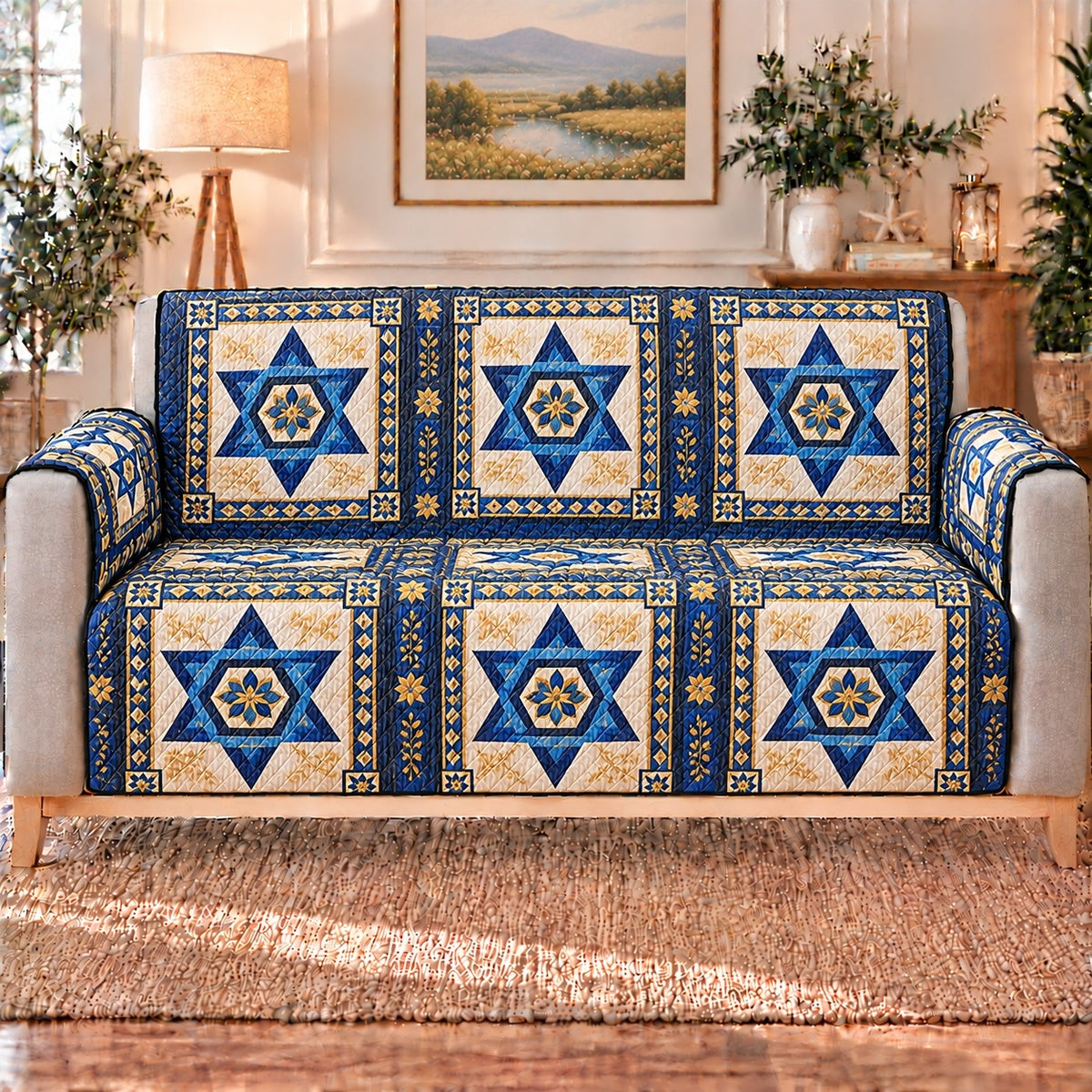 Navy Gold Star of David Patchwork Sofa Cover, sofa mockup