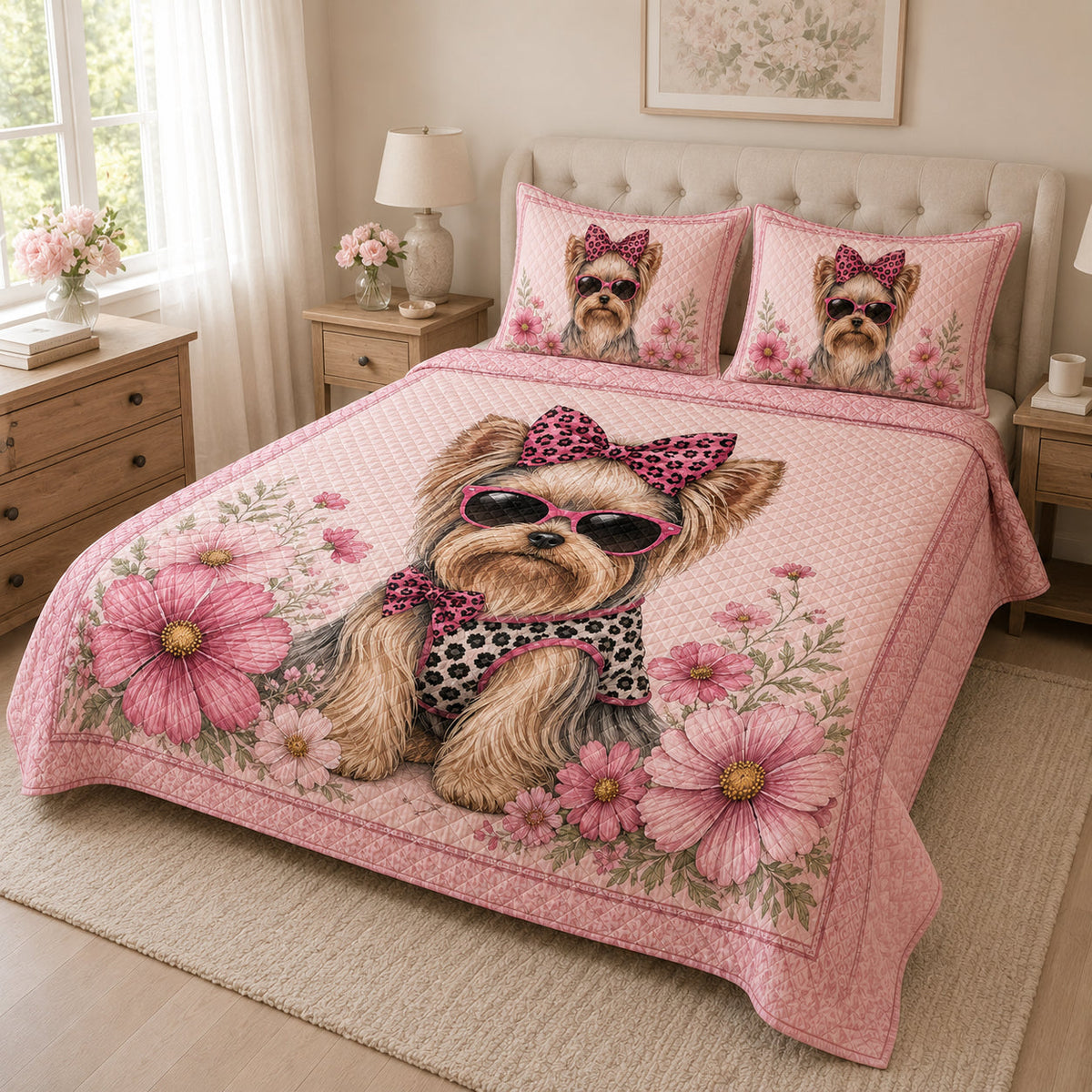 Yorkie Pink Floral Quilt Set: angled bedroom view showing Yorkie Pink Floral