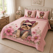 Yorkie Pink Floral Quilt Set: angled bedroom view showing Yorkie Pink Floral