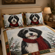 Sheepadoodle Christmas Quilt Bedding Set, Black & White Dog Winter Bedspread, Holiday Dog Quilt Set with 2 Pillow Shams
