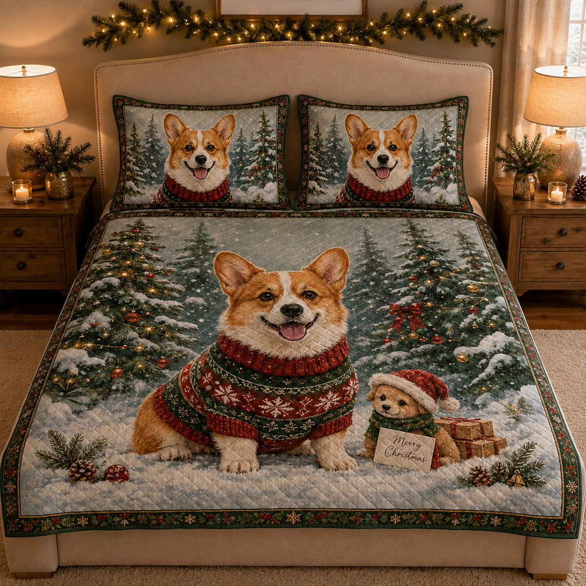 Corgi Christmas Quilt Set: angled bedroom view showing Corgi Christmas