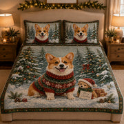 Corgi Christmas Quilt Set: angled bedroom view showing Corgi Christmas