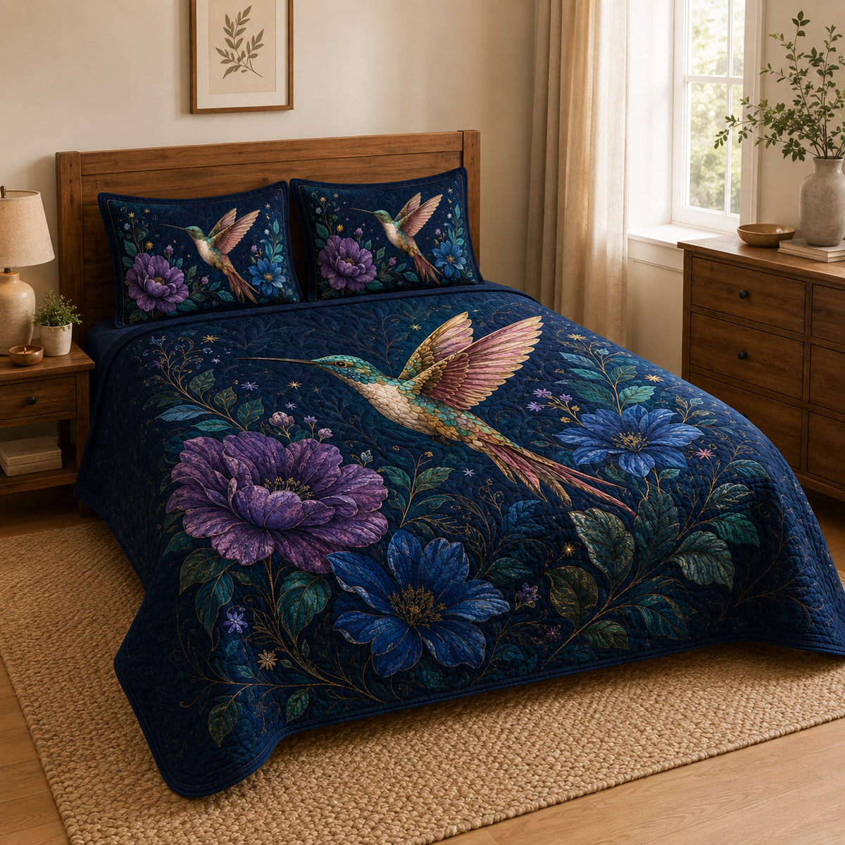 Hummingbird Floral Quilt Set Navy Blue Decor – additional view 1