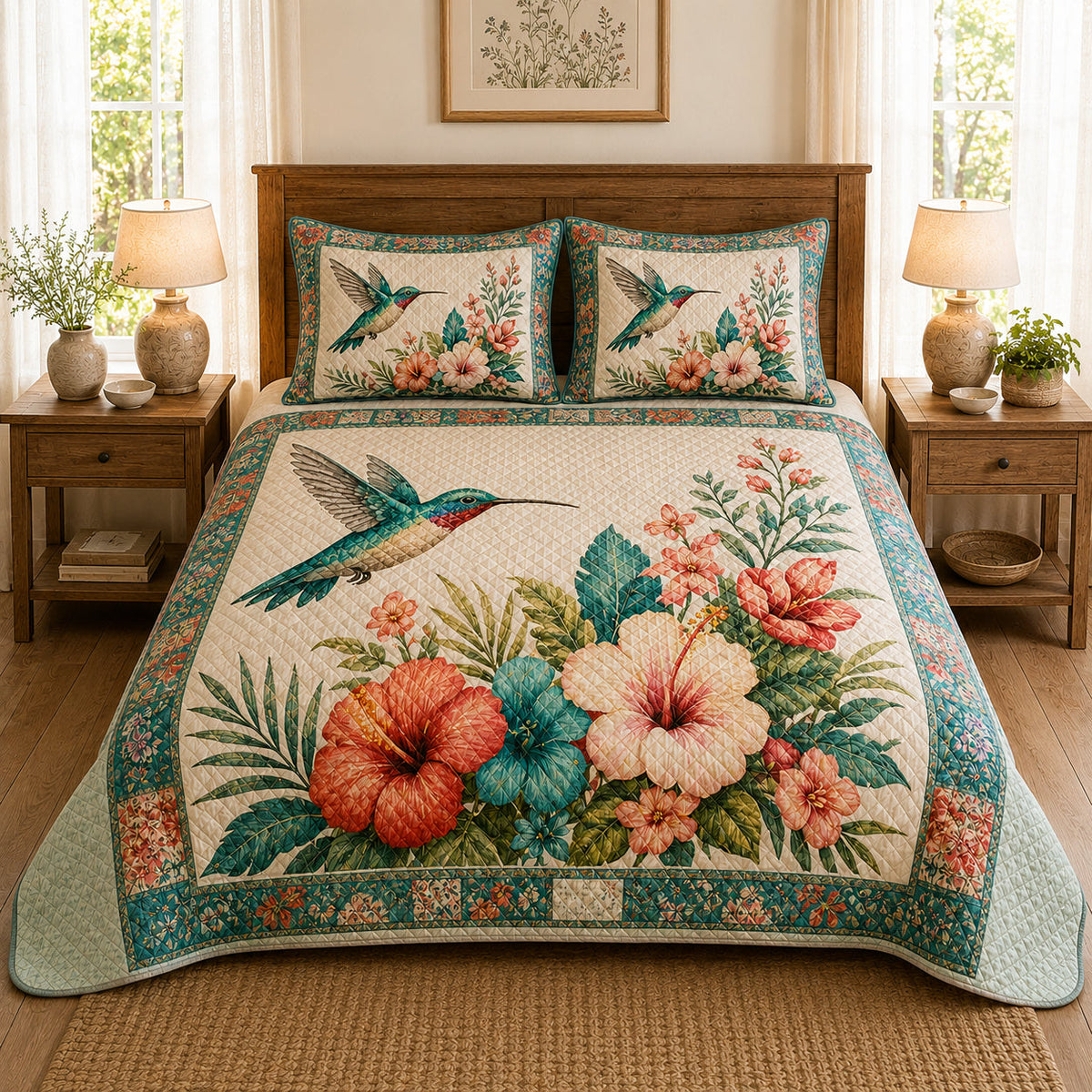 Pastel Hummingbird Hibiscus Garden Quilt Set – additional view 1