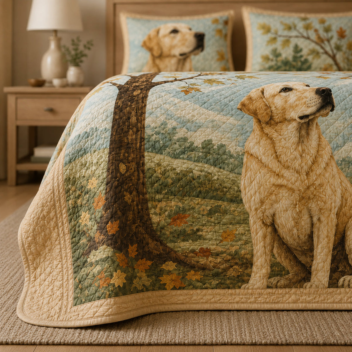 Golden Retriever Mountain Lake Fall Quilt Set: angled bedroom view showing Golden Retriever Mountain Lake Fall