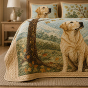 Golden Retriever Mountain Lake Fall Quilt Set: angled bedroom view showing Golden Retriever Mountain Lake Fall