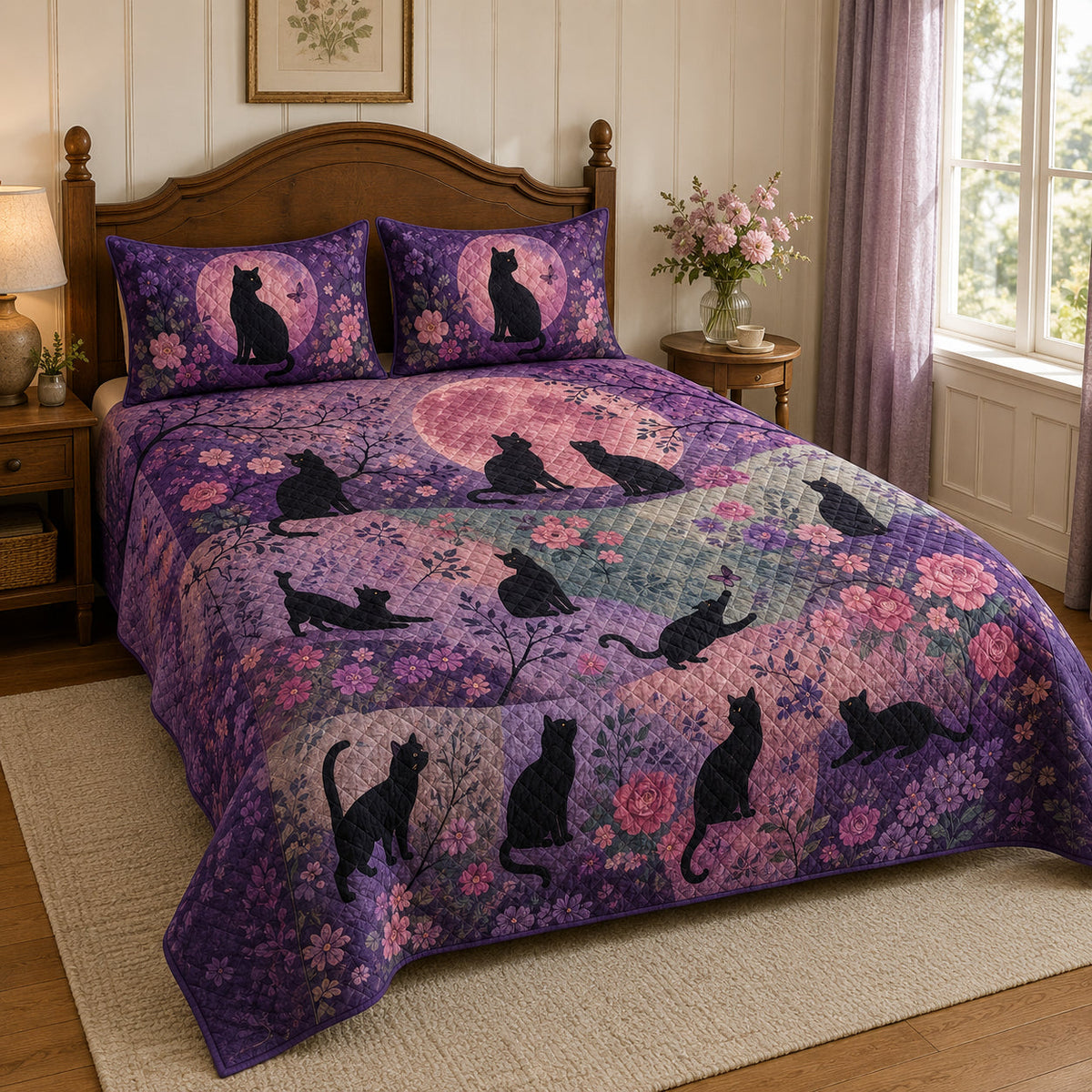 Black Cat Floral Moon Quilt Set – additional view 1