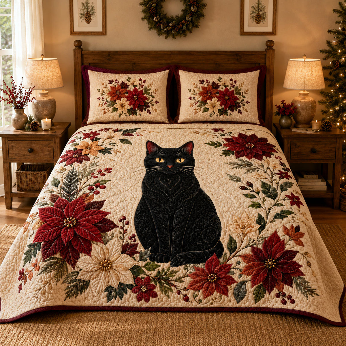 Black Cat Christmas Poinsettia Quilt Set – additional view 1