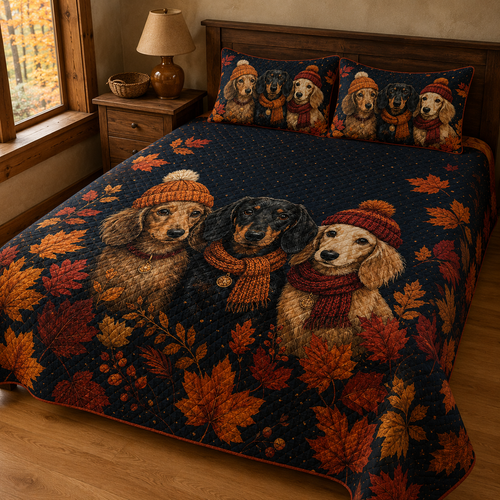 Autumn Dachshund Trio Leaves Quilt Set
