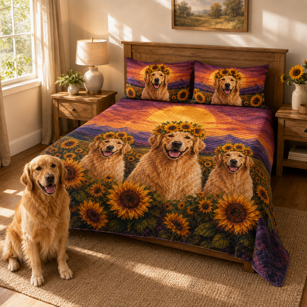 Golden Retriever Sunflower Quilt Set