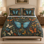Blue Butterfly Botanical Quilt Set: angled bedroom view showing Blue Butterfly Botanical