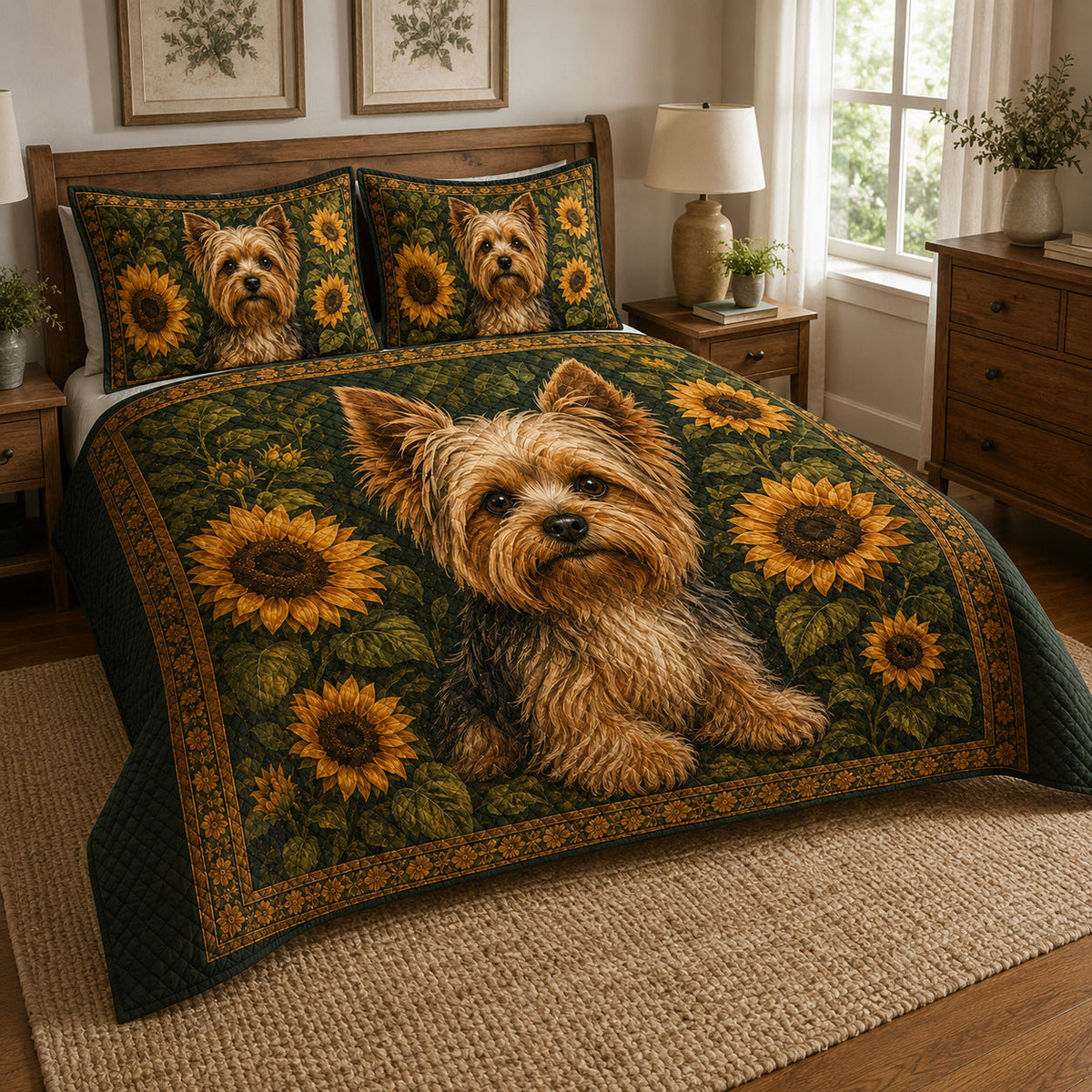 Yorkie Sunflower Quilt Set: angled bedroom view showing Yorkie Sunflower