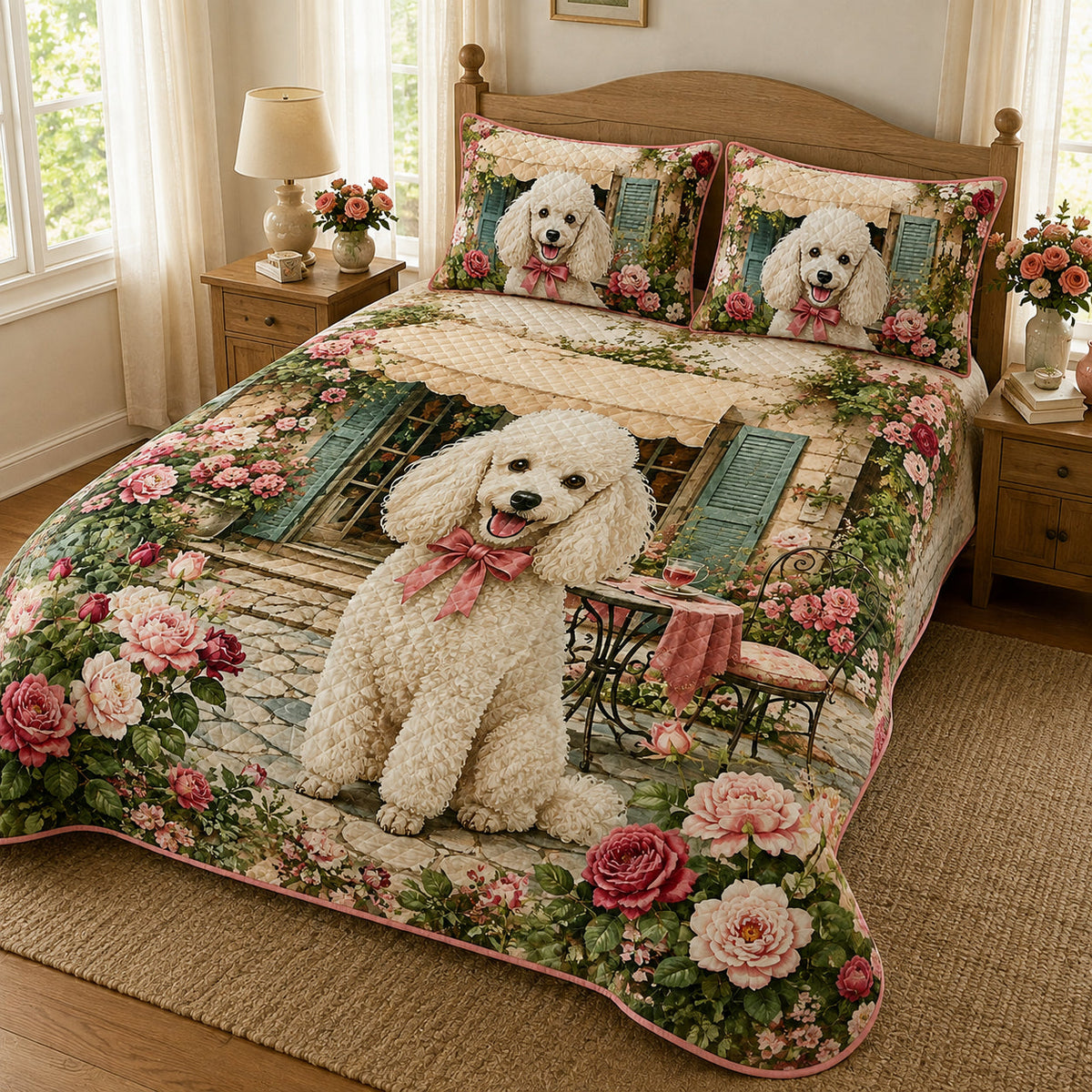 White Poodle Floral Quilt Set – additional view 1