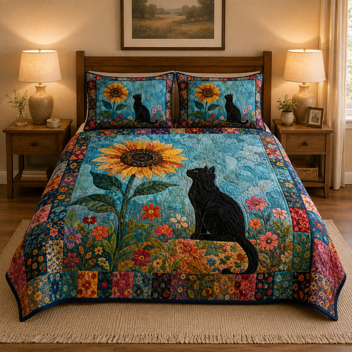 Black Cat Sunflower Floral Quilt Set – additional view 2