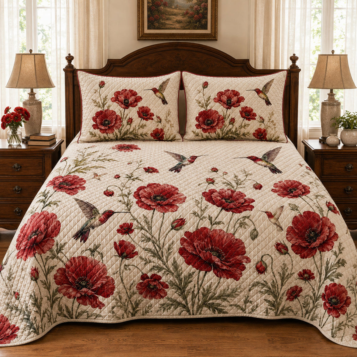 Hummingbird Poppy Floral Quilt Set – additional view 1