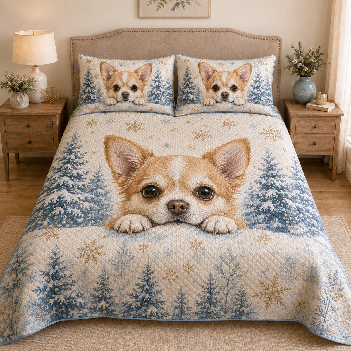 Winter Chihuahua Snowflake Forest Quilt Set – additional view 1