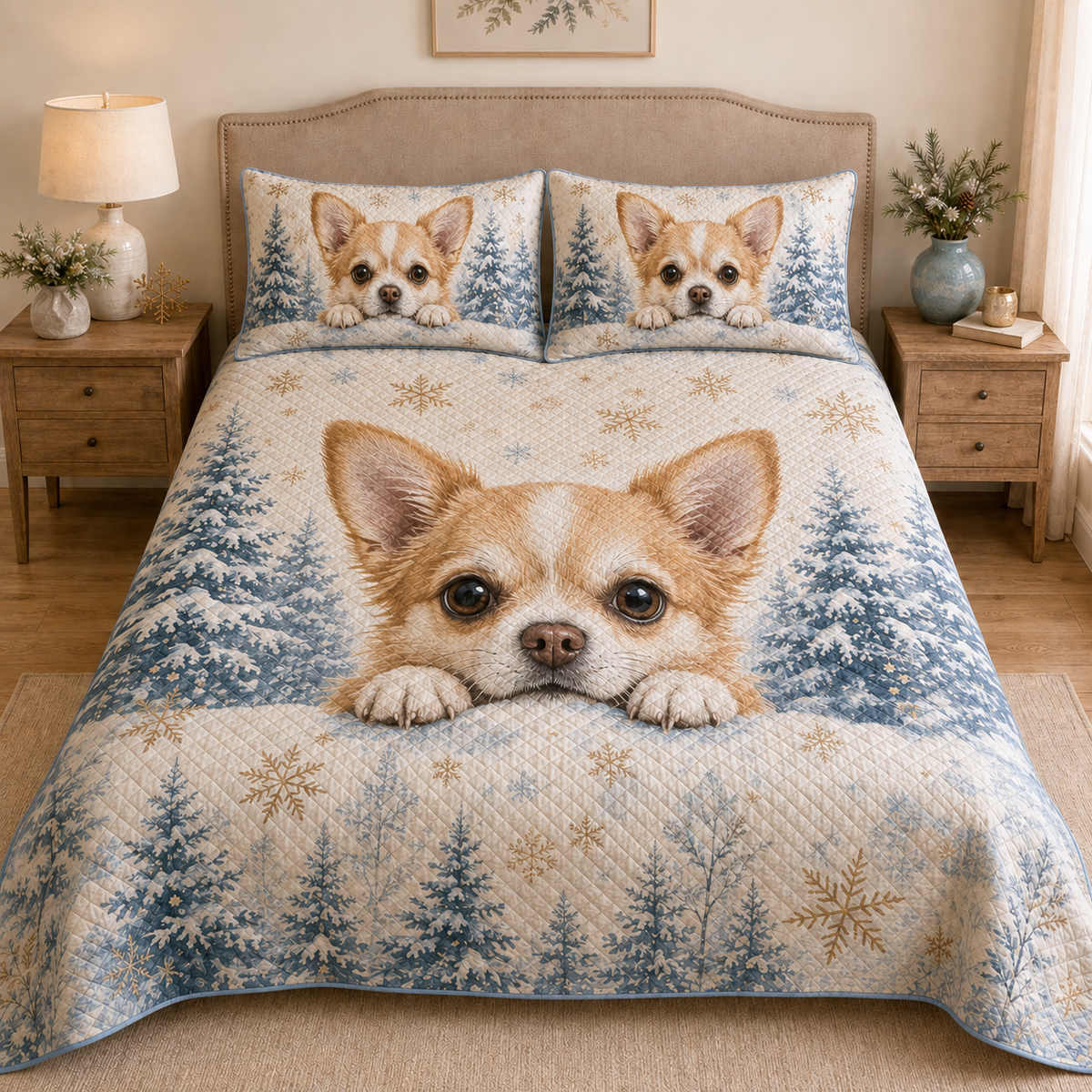 Winter Chihuahua Snowflake Forest Quilt Set
