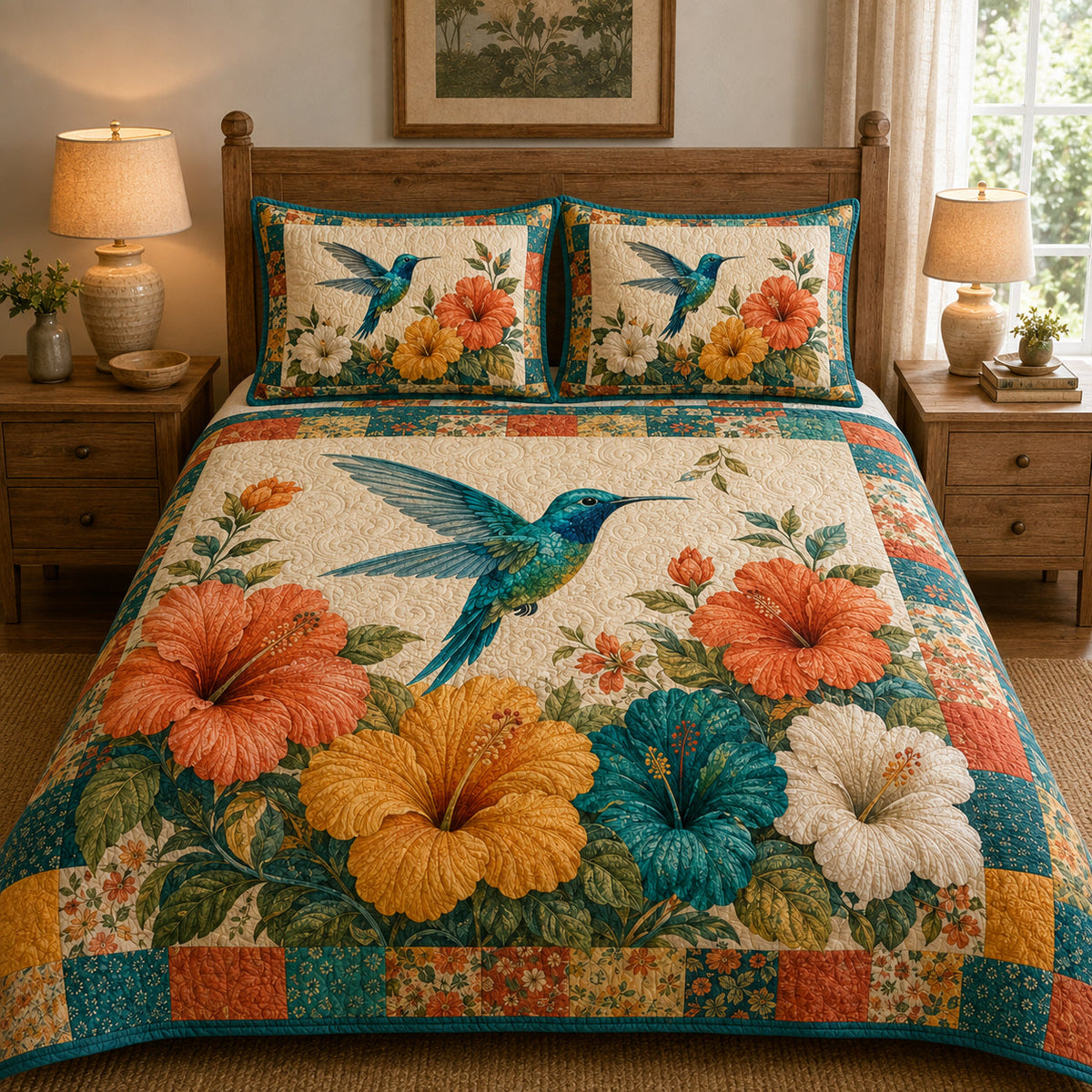 Vibrant Hummingbird Hibiscus Patchwork Quilt Set – additional view 1