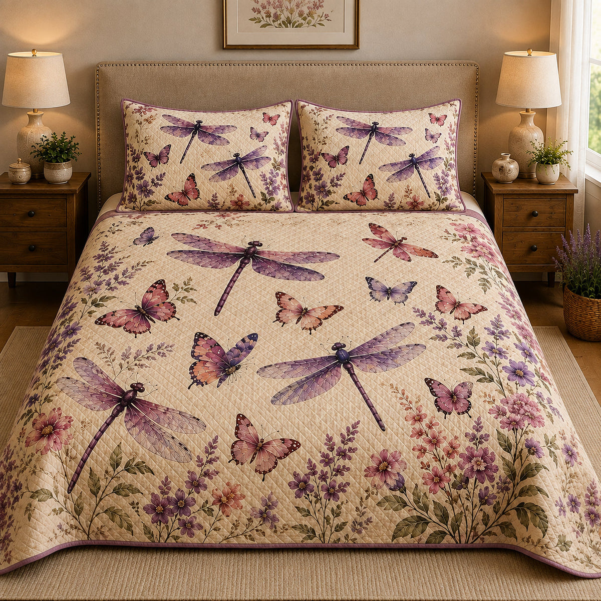 Purple Dragonfly Butterfly Floral Quilt Set: angled bedroom view showing Purple Dragonfly Butterfly Floral