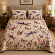 Purple Dragonfly Butterfly Floral Quilt Set: angled bedroom view showing Purple Dragonfly Butterfly Floral
