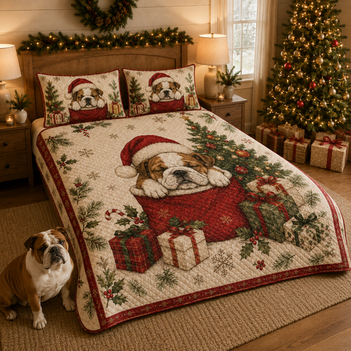 Bulldog Christmas Quilt Set