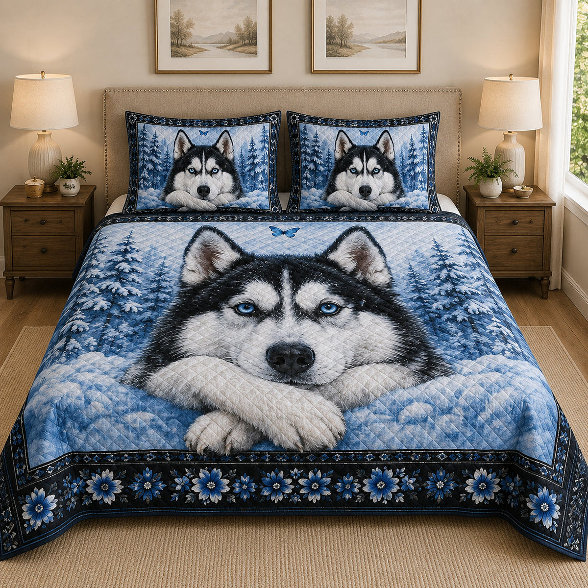 Siberian Husky Blue Snow Winter Quilt Set: wider bedroom view with matching shams showing Siberian Husky Blue Snow Winter
