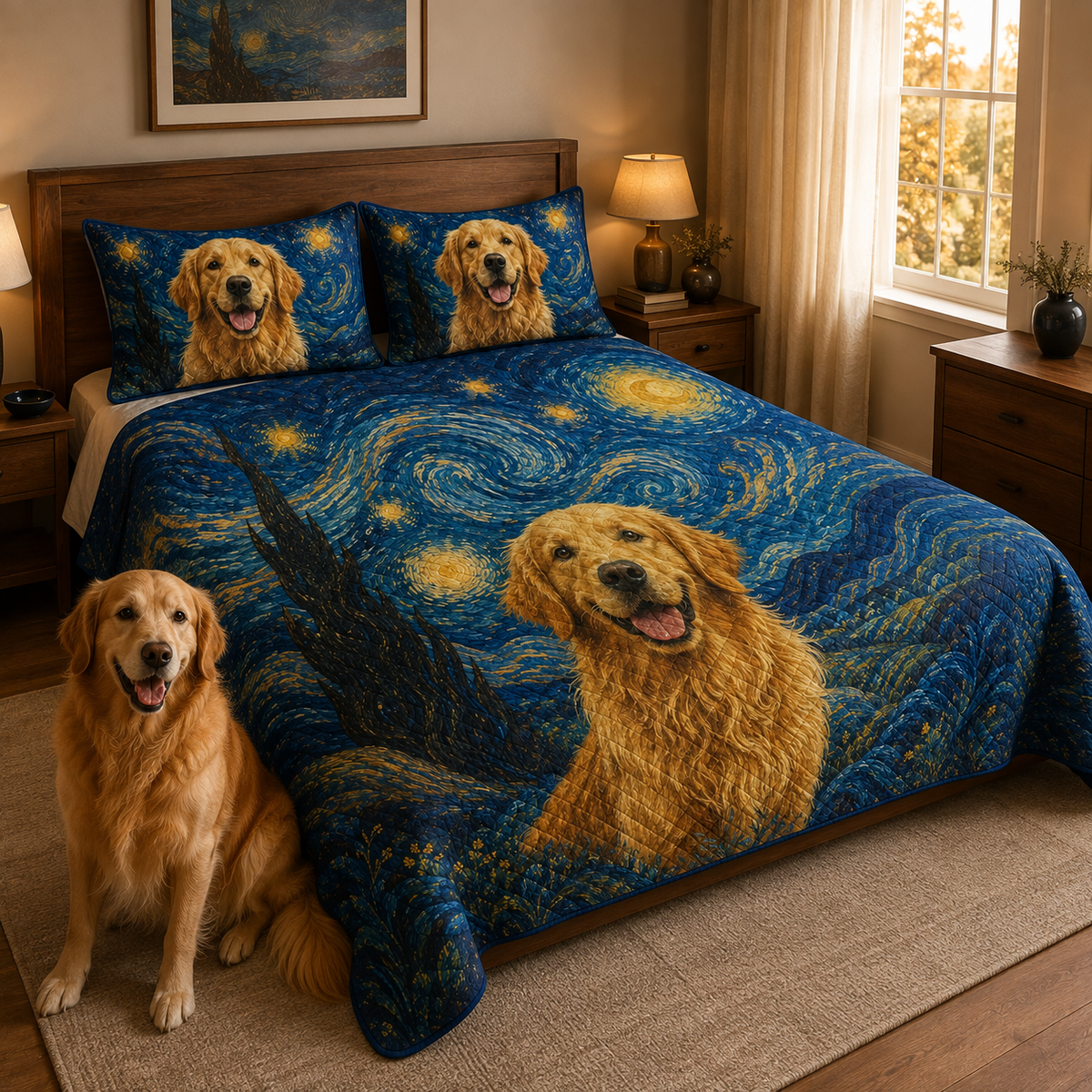 Golden Retriever Starry Night Quilt Set