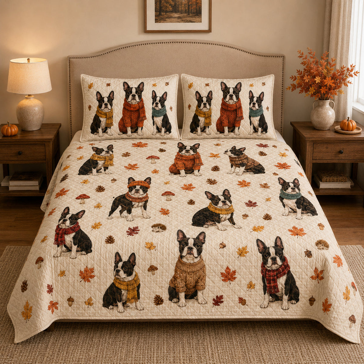 Boston Terrier Autumn Quilt Set: angled bedroom view showing Boston Terrier Autumn