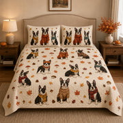 Boston Terrier Autumn Quilt Set: angled bedroom view showing Boston Terrier Autumn