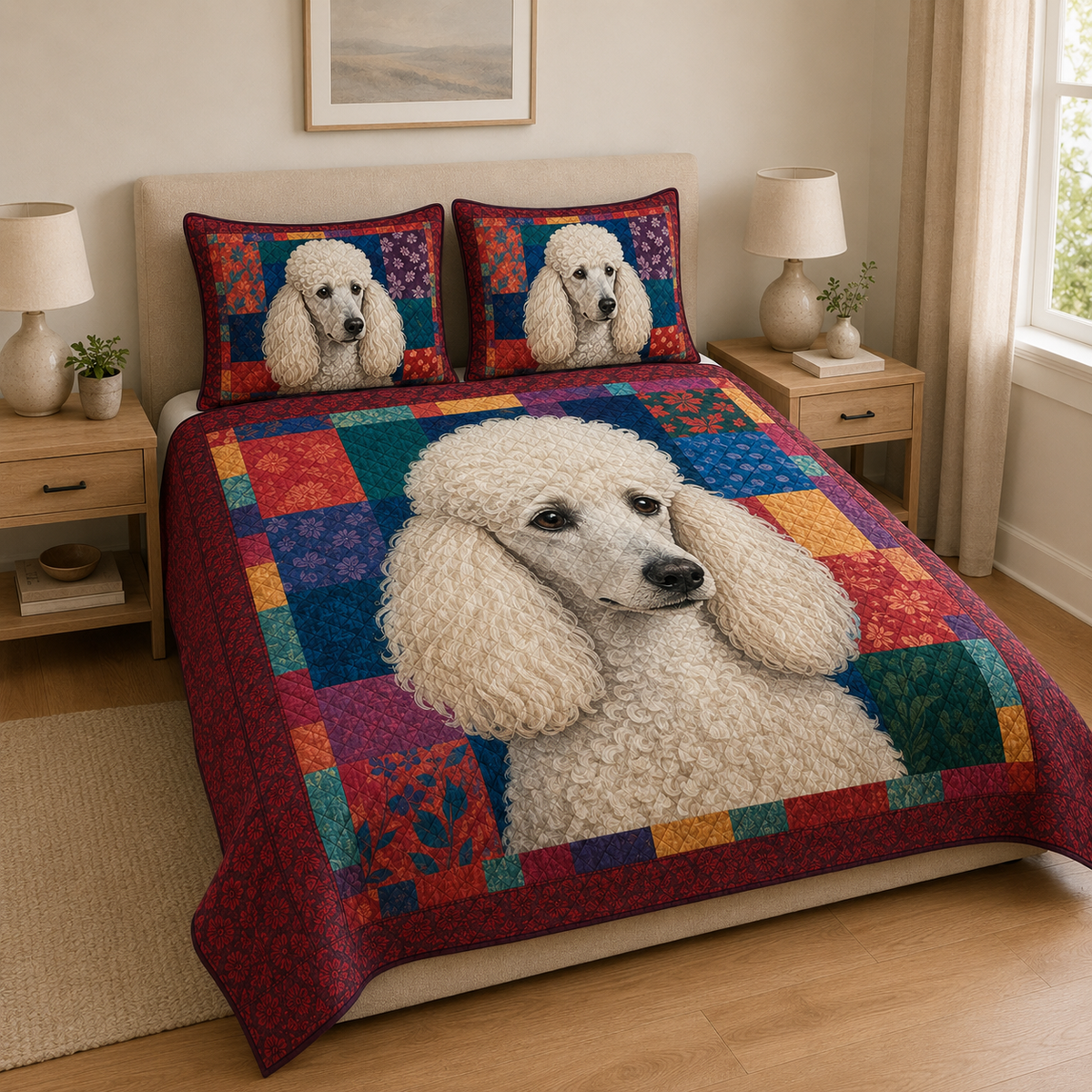 White Poodle Quilt Bedding Set, Colorful Dog Bedspread, Standard Poodle Quilt Set with 2 Pillow Shams