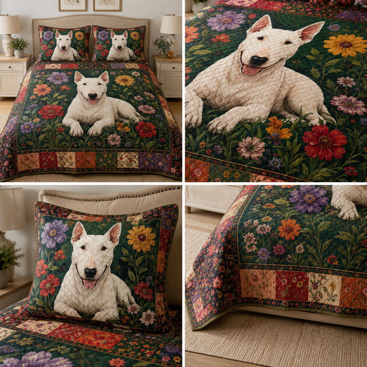 Bull Terrier Quilt Bedding Set, White Dog Floral Bedspread, Colorful Flower Dog Quilt Set with 2 Pillow Shams