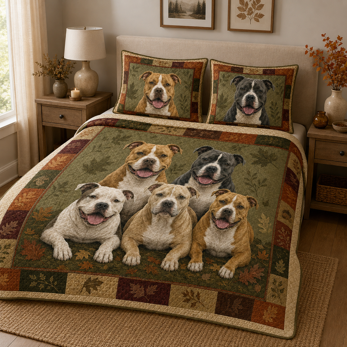 Pit Bull Quilt Bedding Set, American Pitbull Dog Bedspread with 2 Pillow Shams, Rustic Autumn Leaves Bedroom Decor