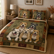 Pit Bull Quilt Bedding Set, American Pitbull Dog Bedspread with 2 Pillow Shams, Rustic Autumn Leaves Bedroom Decor