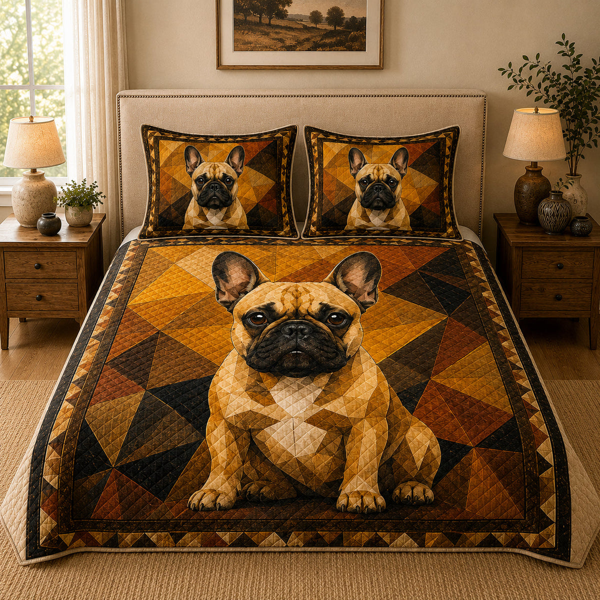 French Bulldog Geometric Quilt Set: angled bedroom view showing French Bulldog Geometric