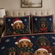 Dachshund Christmas Quilt Bedding Set, Wiener Dog Holiday Bedspread, Christmas Puppy Winter Bedroom Decor