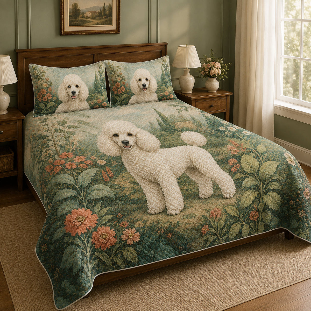 White Poodle Floral Quilt Set – additional view 1